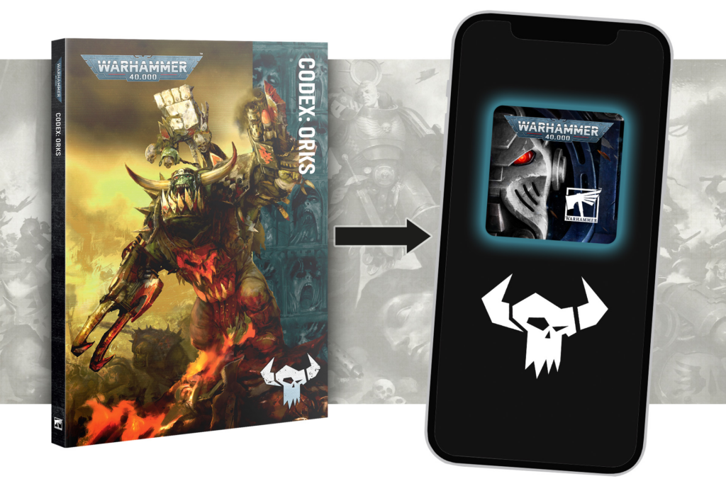 Codex Orks book from Warhammer 40000 beside a large smartphone displaying a Warhammer app icon