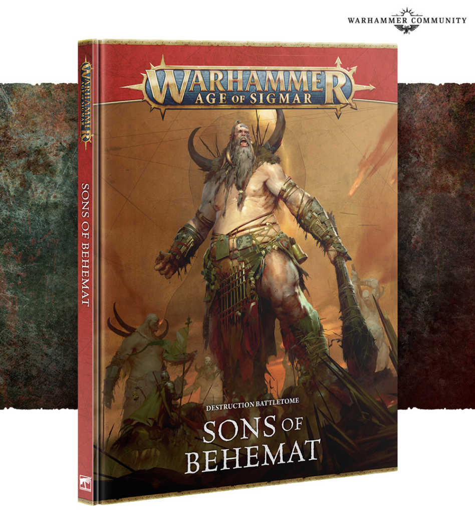 Box cover for Warhammer Age of Sigmar Sons of Behemat with a towering horned warrior on a battlefield Destruction Battletome shown at the bottom right