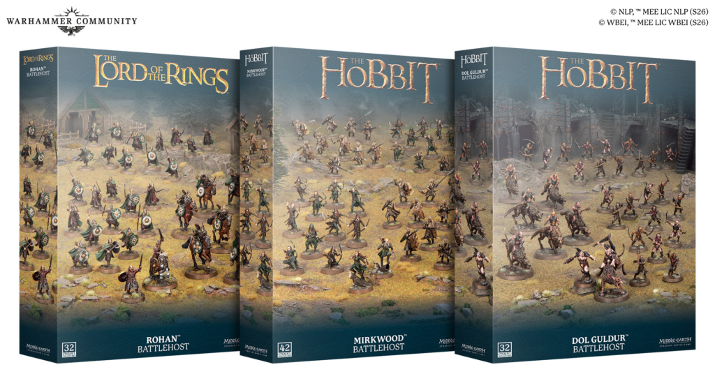 Triple box set featuring The Lord of the Rings and The Hobbit Battlehost miniatures showing hundreds of painted figures in a war torn landscape