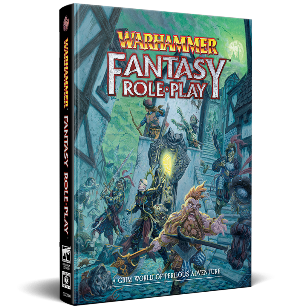 image Frontline Gaming Boxed Warhammer Fantasy Role Play game cover with armored adventurers in a perilous city title Warhammer Fantasy Role Play and subtitle A Grim World of Perilous Adventure