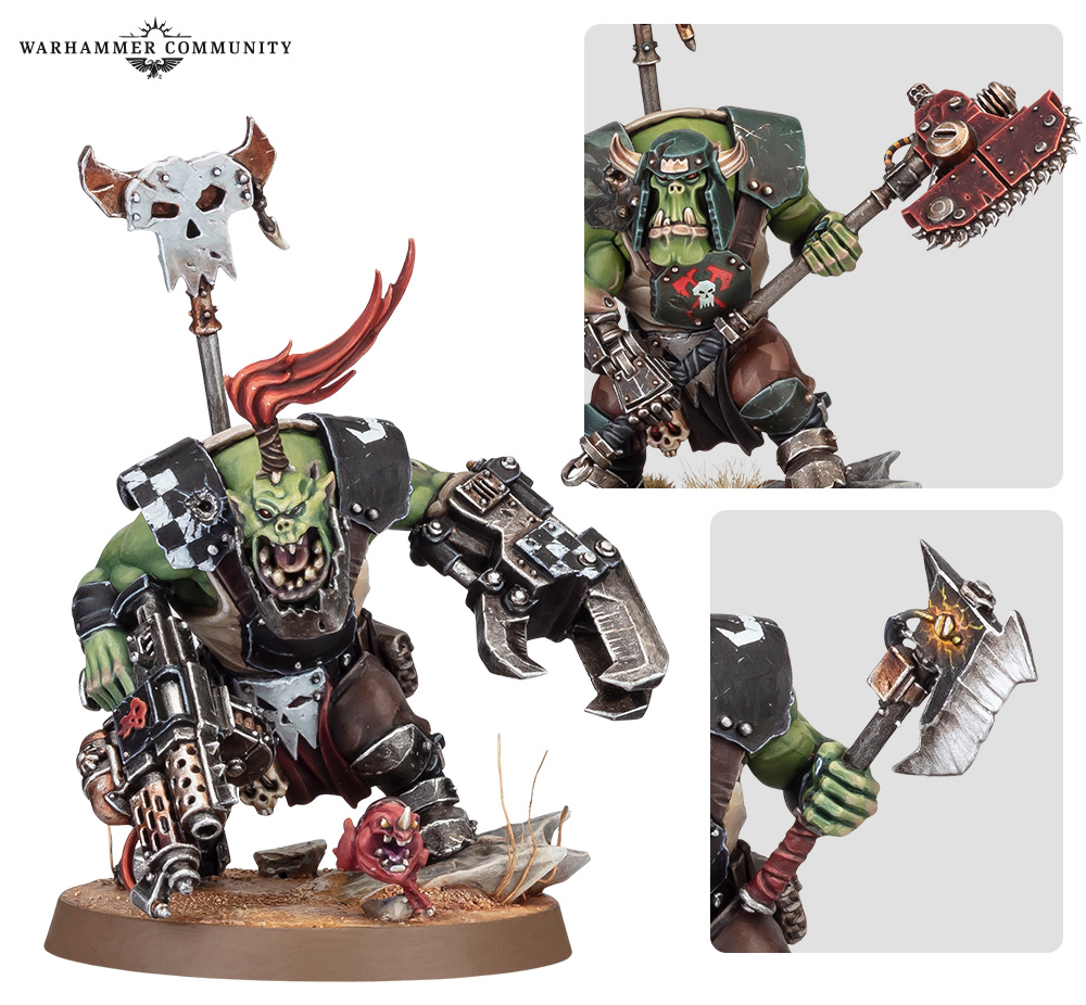 image Frontline Gaming Green skinned Orc Warboss in spiked armor wielding a massive axe and a gun posed on a textured base with battle debris