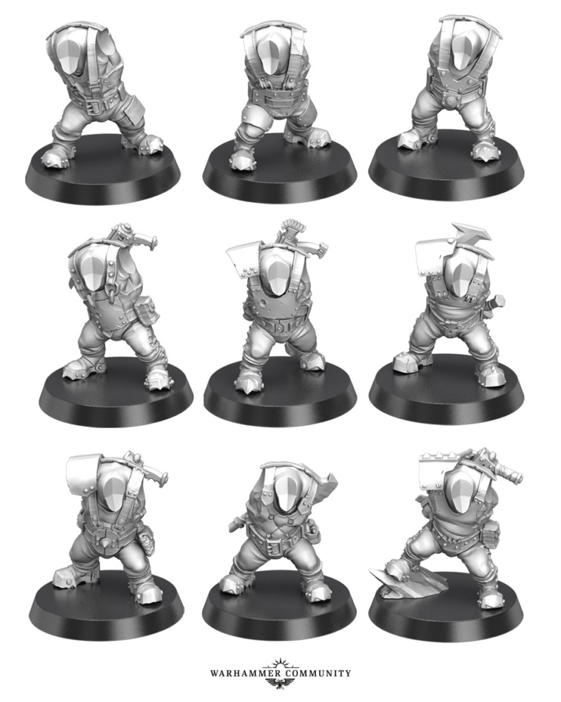 image Frontline Gaming Twelve grayscale tabletop miniatures in armored suits arranged in a 3x4 grid on round bases with the Warhammer Community logo beneath
