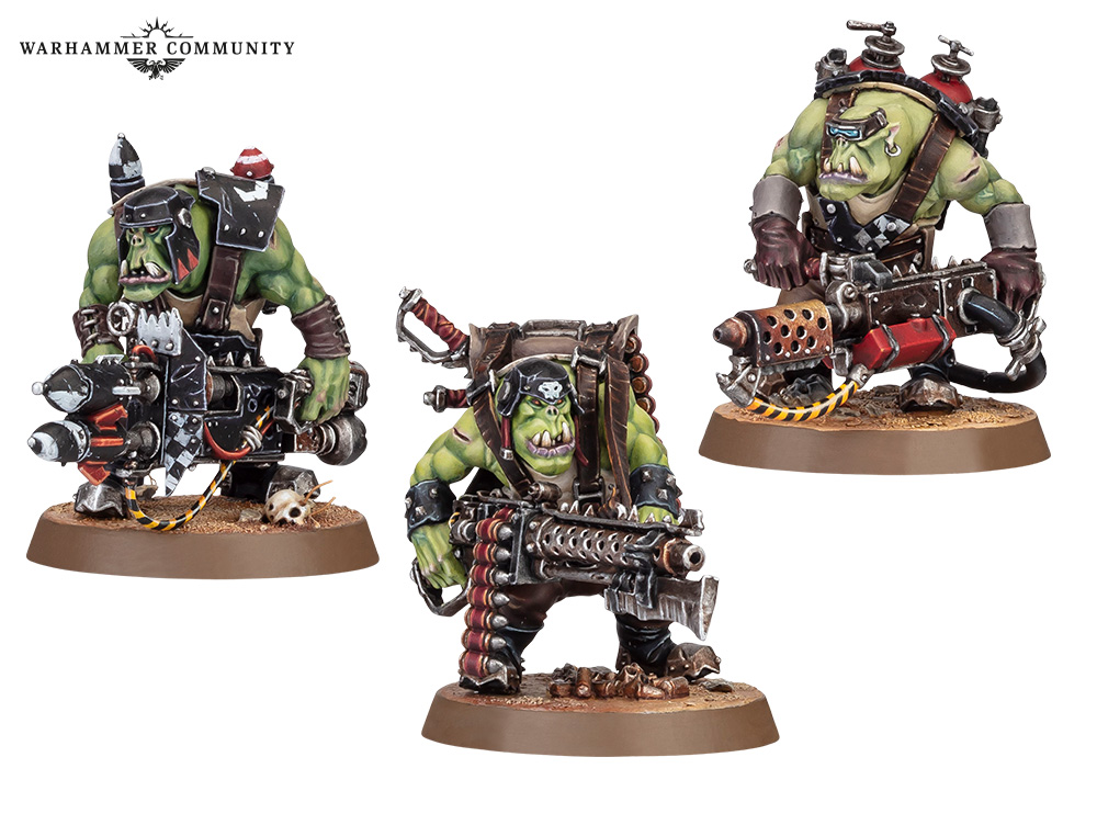 image Frontline Gaming Warhammer Community logo above three green orc miniatures with large guns on brown bases