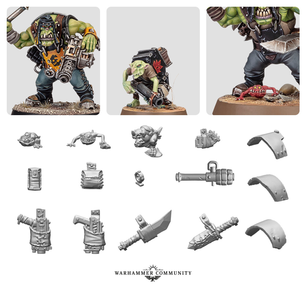 image Frontline Gaming Three painted orc miniatures with weapons on bases displayed above grey plastic weapon and accessory sprues from Warhammer