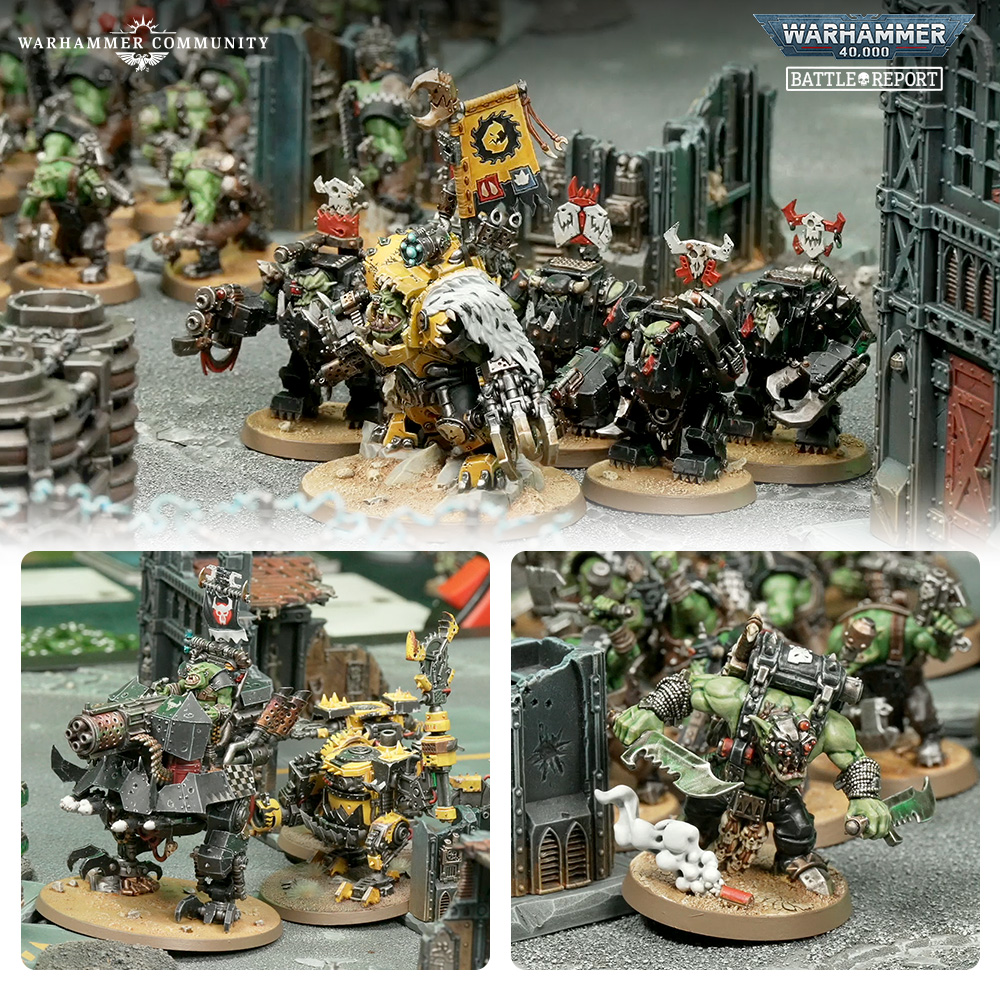 image Frontline Gaming Warhammer 40000 tabletop battle scene with green skinned orcs and armored troops charging through ruins