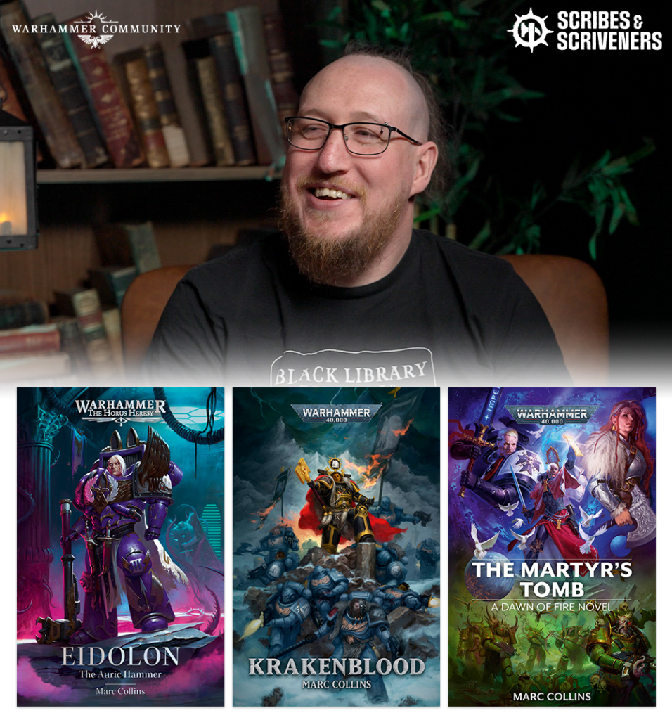image Frontline Gaming Portrait of a smiling man with glasses and a beard in a library with Warhammer Community and Scribes Scriveners logos and three Warhammer covers Eidolon Krakenblood The Martyrs Tomb displayed below