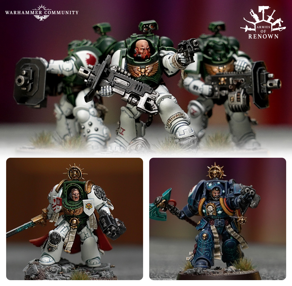 image Frontline Gaming Group of Warhammer 40k space marine miniatures posed for a tabletop game with logos in the corners Warhammer Community top left and Armies of Renown top right