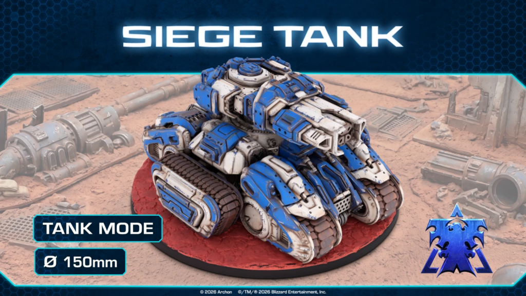 image Frontline Gaming Blue and white sci fi siege tank model on a red circular base in a dusty battle scenery with a neon blue border banner reading SIEGE TANK above