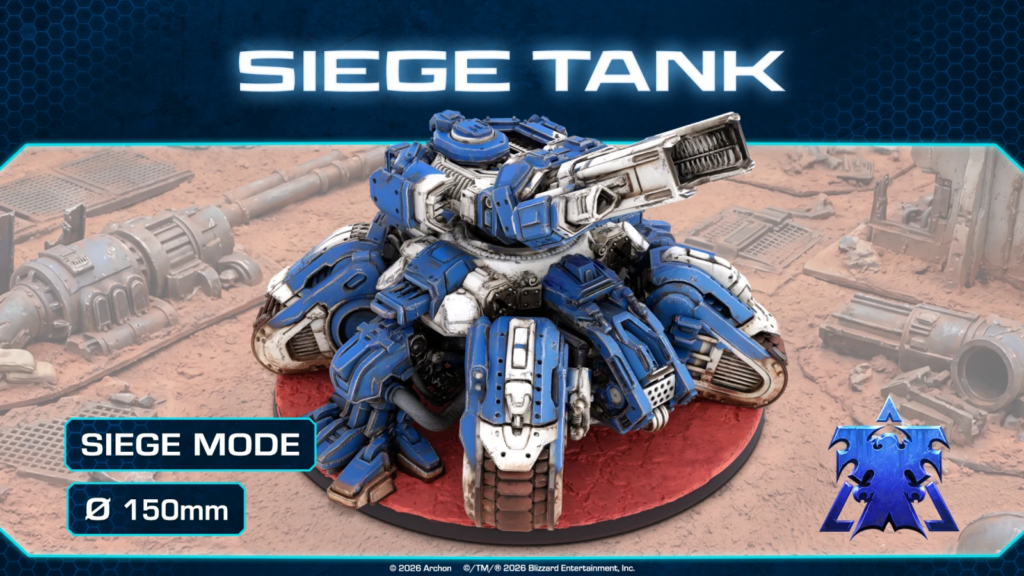 image Frontline Gaming Promotional artwork showing a blue armored siege tank model in a desert battlefield ready to siege with SIEGE TANK text above and a blue emblem in the corner