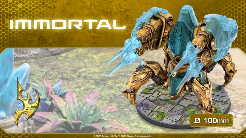 image Frontline Gaming Golden armored mech creature with blue crystal wings on a stone base against a yellow hex pattern and IMMORTAL banner