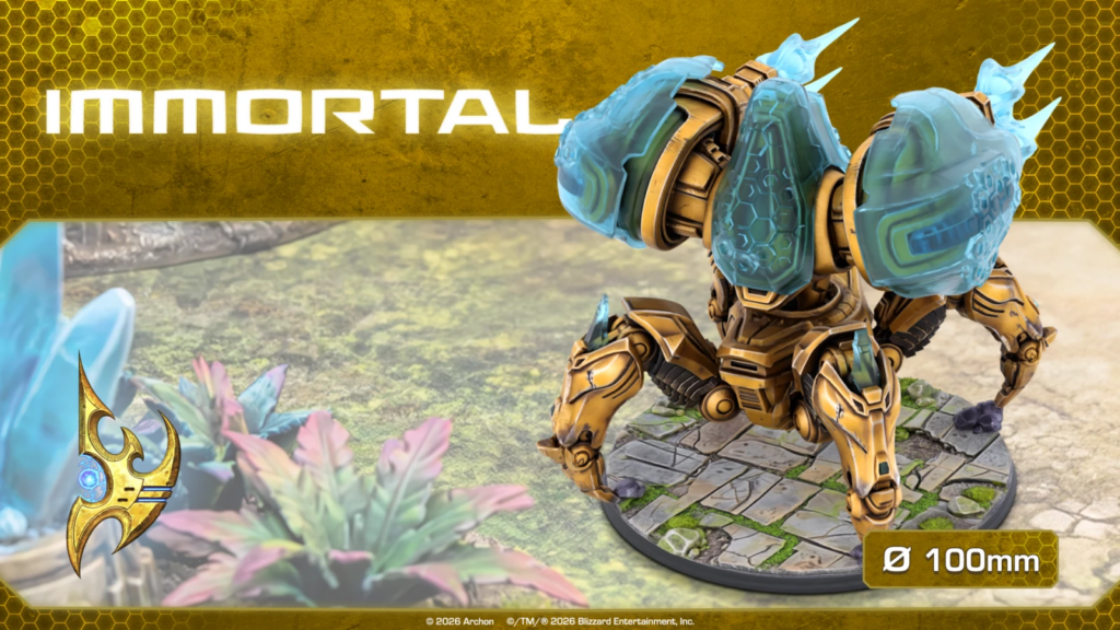 image Frontline Gaming Promotional banner featuring a golden robotic figure with blue energy cores on a hex pattern gold background and IMMORTAL text above