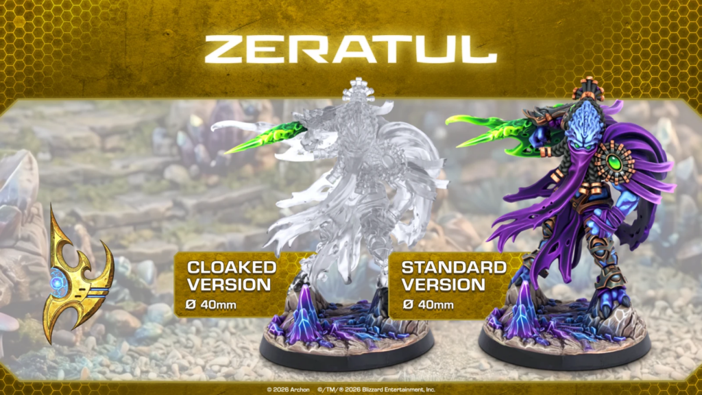 image Frontline Gaming Product image showing two Zeratul miniatures cloaked version and standard version on rocky battlefield bases with gold header art
