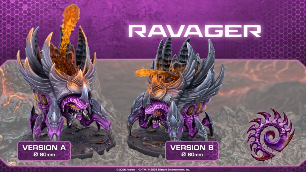 image Frontline Gaming Promotional banner showing two purple Ravager miniatures Version A and Version B 80mm on a rocky purple backdrop with the word RAVAGER above