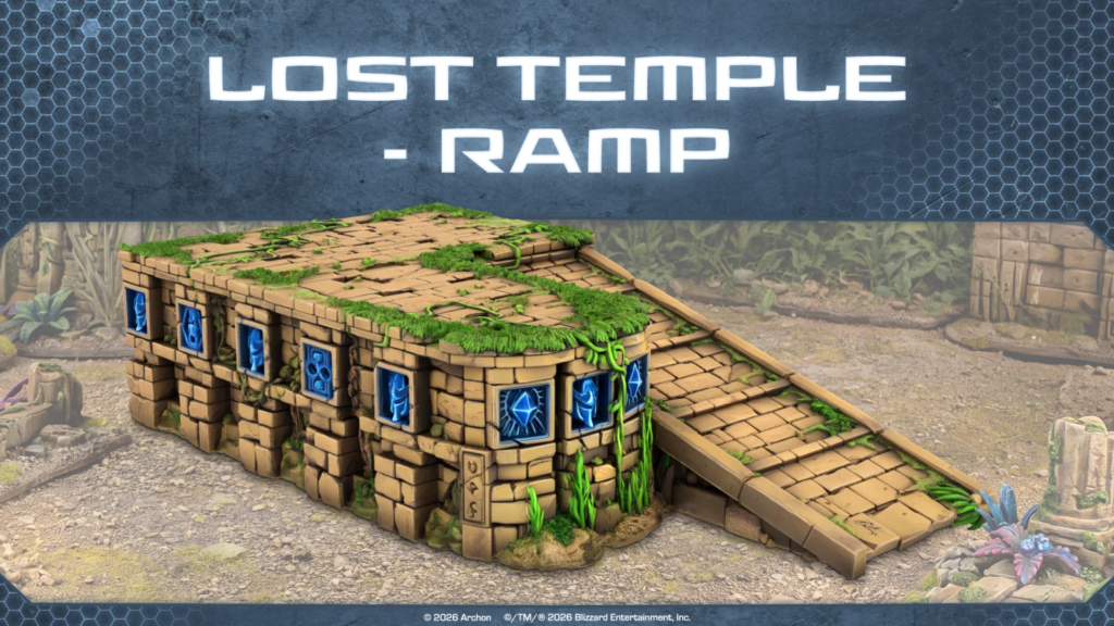 image Frontline Gaming Stone temple ruin with a long ramp mossy tiles and blue glowing rune panels along the walls