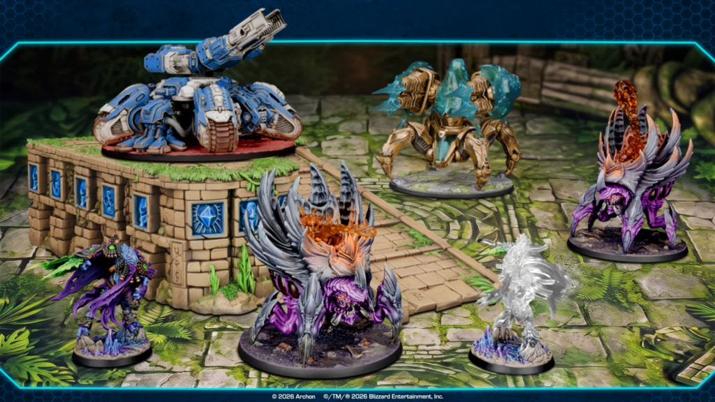 image Frontline Gaming Group of detailed fantasy miniatures posed on a ruined stone board including a blue armored walker golden crab like walker and purple spiked creatures