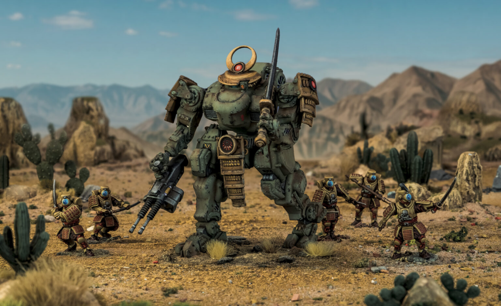 A large green war machine stands in a desert flanked by small armored soldiers with swords and pistols nearby
