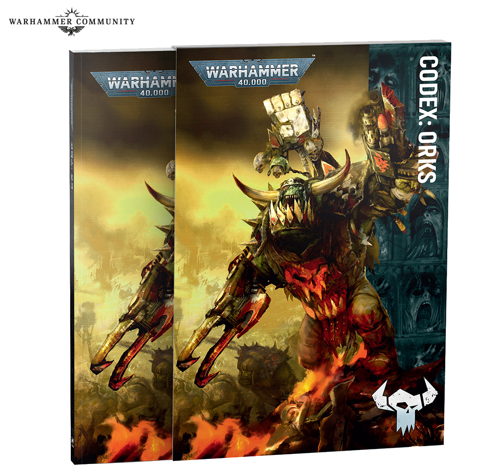 image Frontline Gaming Pair of Warhammer 40000 Codex Orks boxes featuring a fierce armored Ork wielding a blade on a fiery battlefield