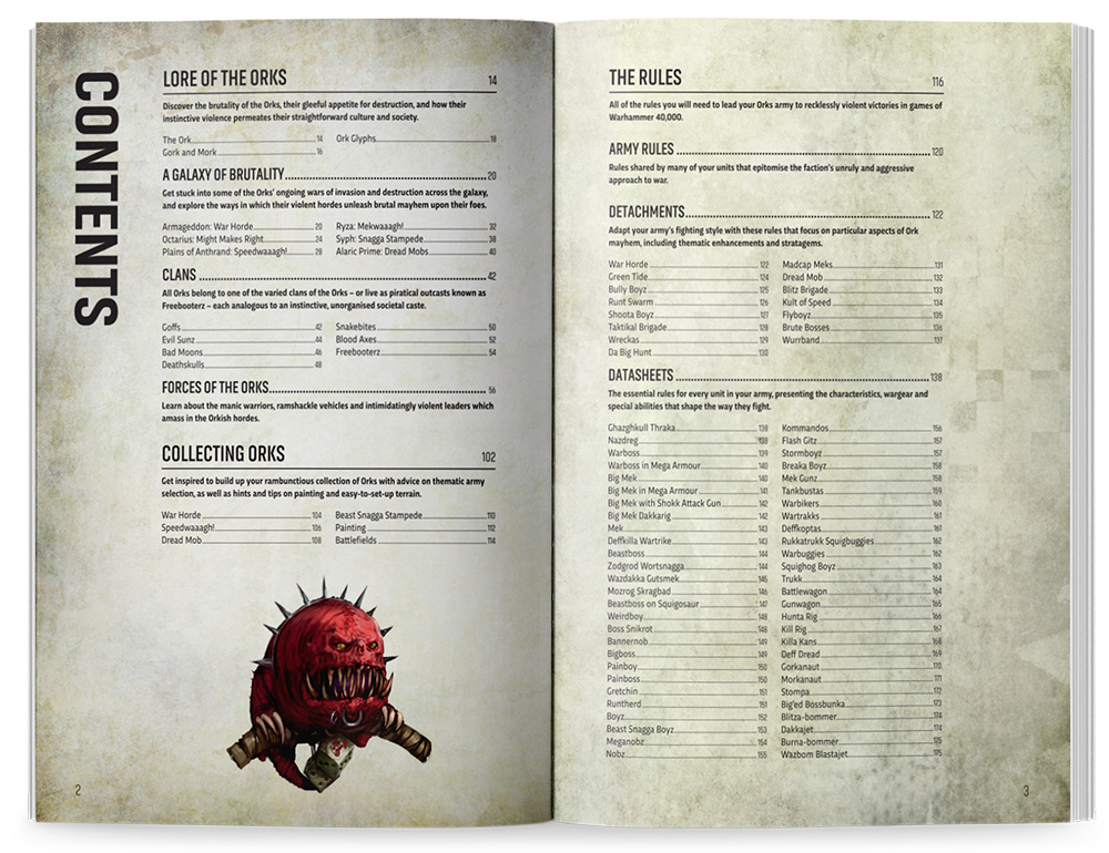 image Frontline Gaming Open two page spread of a fantasy rulebook showing the Contents page on the left and The Rules on the right with sections like Lore of the Orks Forces of the Orks Collecting Orks Army Rules Detachments and Datasheets a red spiky creature illustration sits at the bottom of the left page