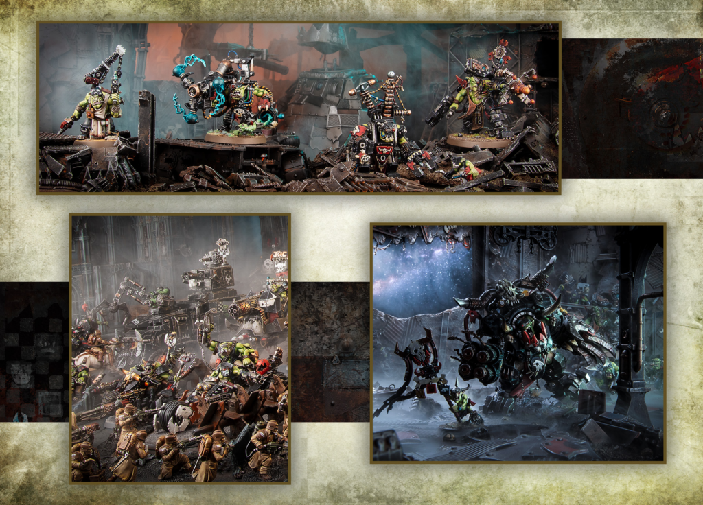 image Frontline Gaming Warhammer style battle scene with orcs and armored soldiers clashing in a ruined industrial setting