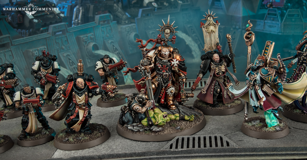 image Frontline Gaming Group of detailed Warhammer miniatures arranged on a diorama base with armored troops and ornate swords in a battle ready pose