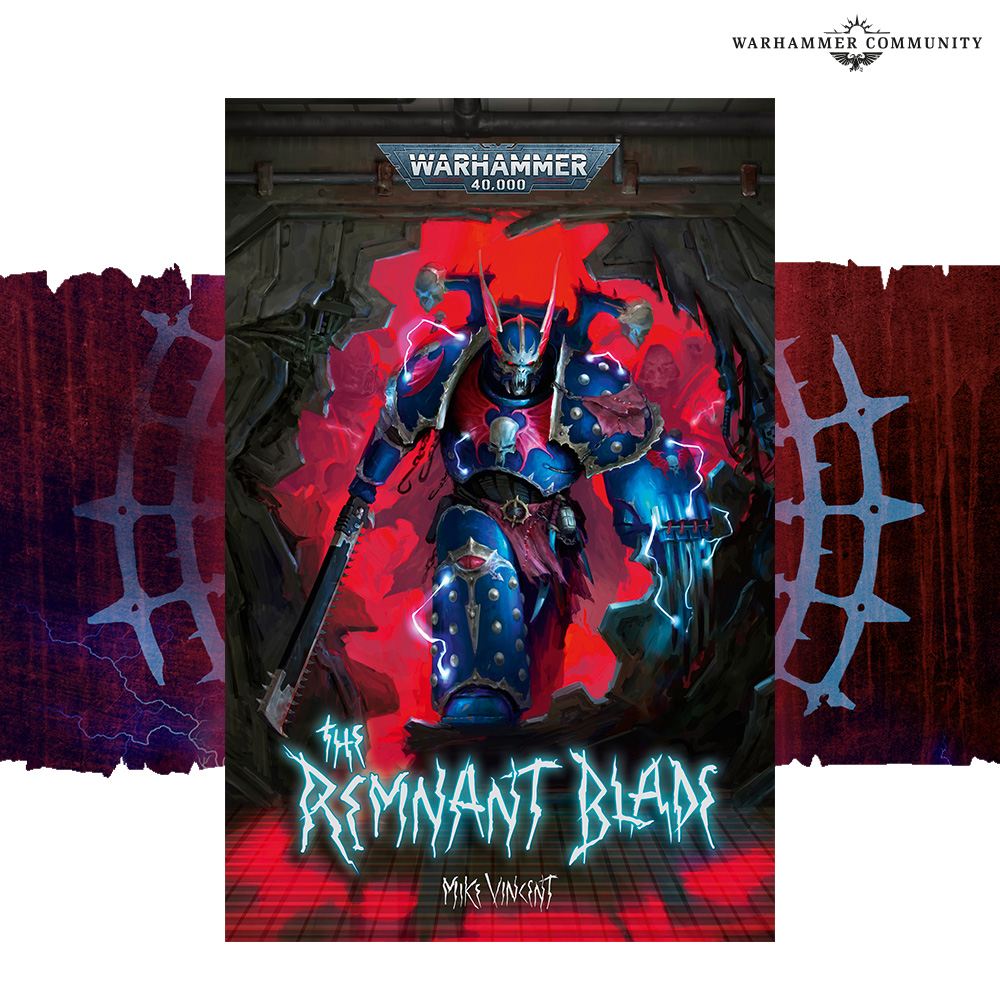 image Frontline Gaming Cover art for The Remnant Blade by Mike Vincent showing a blue armored warrior with a glowing sword amidst red lava like background and the Warhammer branding