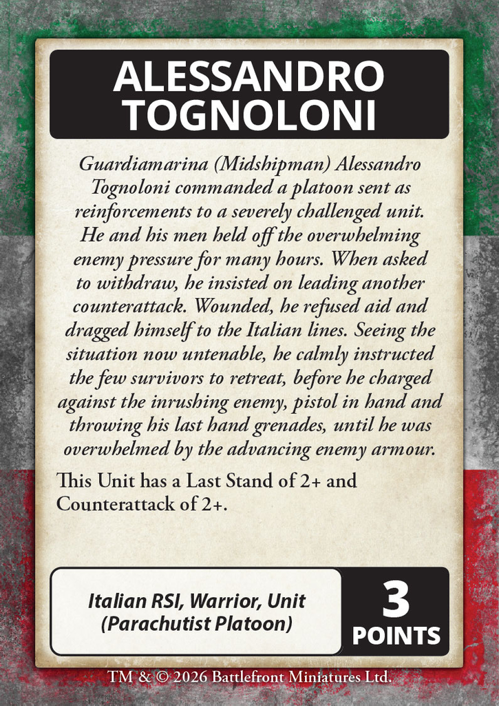 Character card for Alessandro Tognoloni with unit Italian RSI Warrior Unit Parachutist Platoon and 3 POINTS