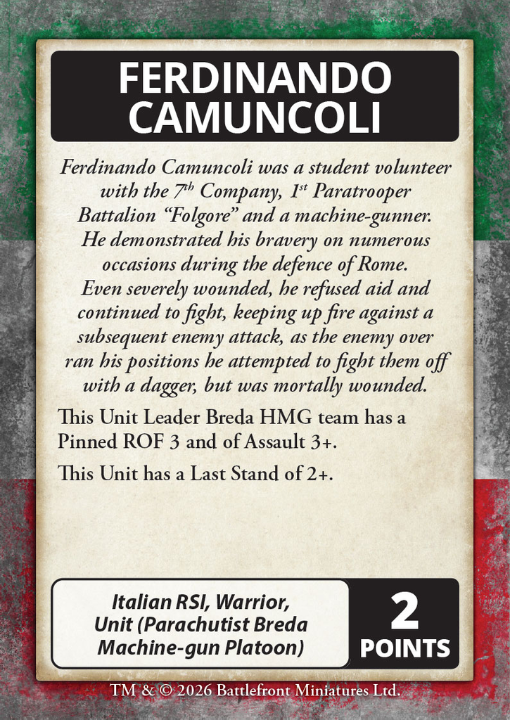 Unit card for Ferdinand Camuncoli Italian RSI Warrior Parachutist Breda Machine gun Platoon 2 points