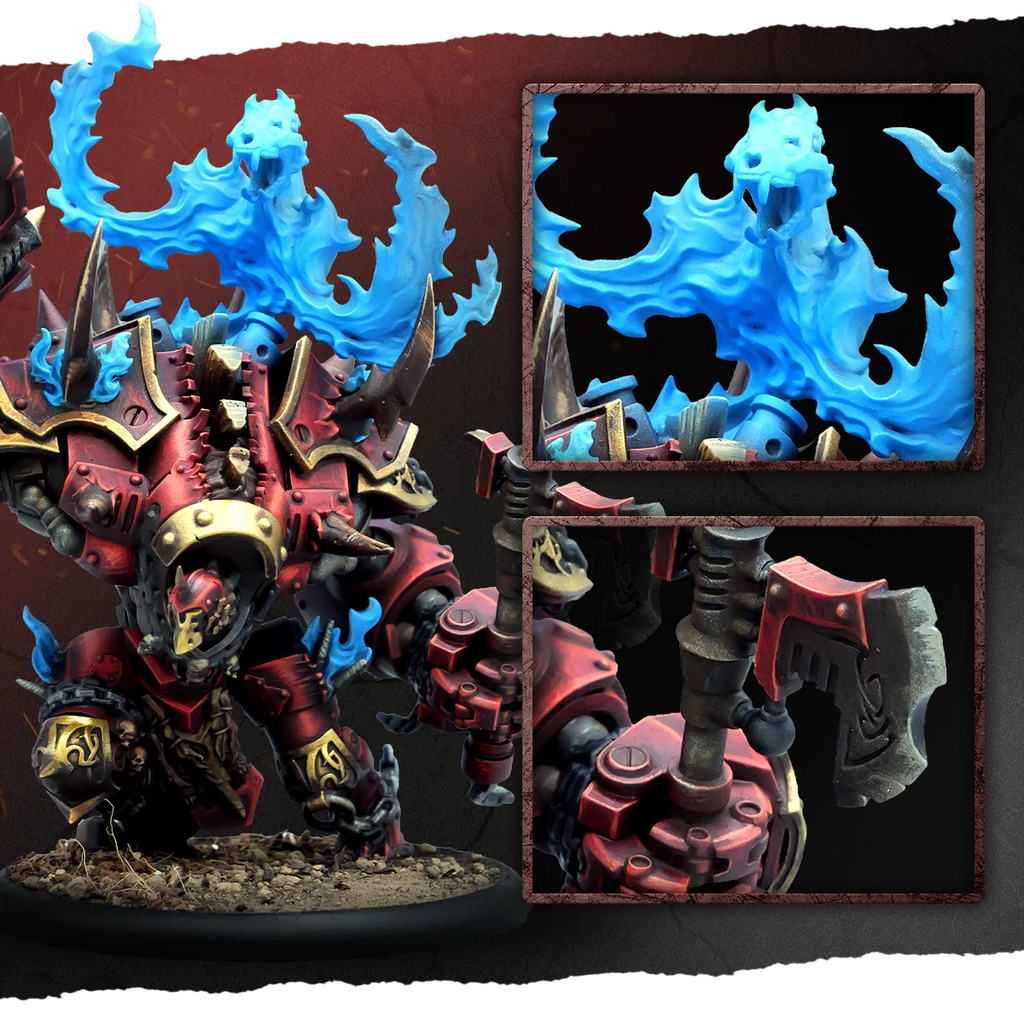 Crimson armored demon miniature with bright blue flame effects standing on a rocky base