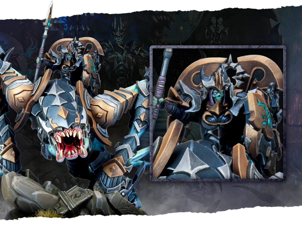 Armored warrior rides a jagged blue gray dragon like beast in a fantasy battle scene inset shows a close up of the rider in armor