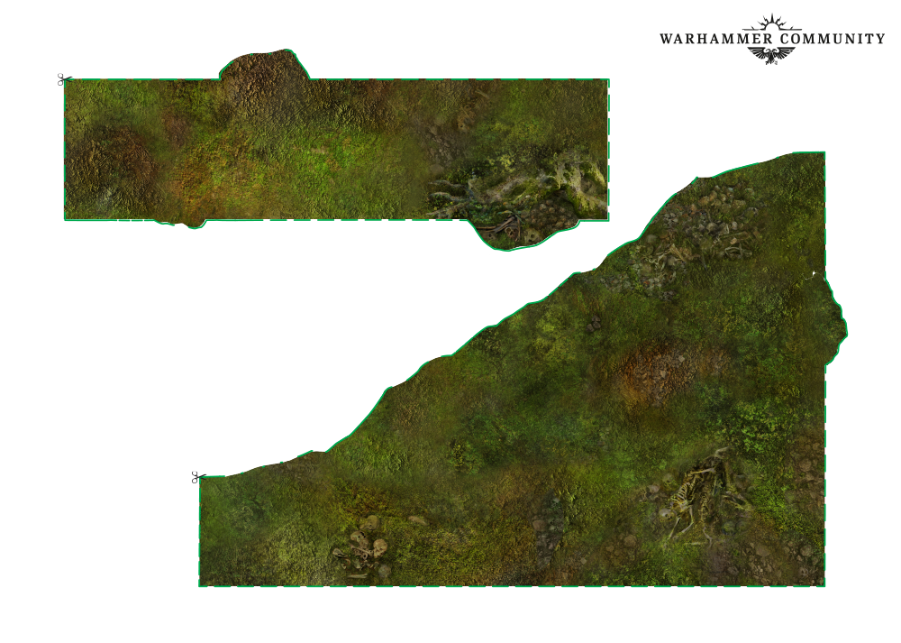image Frontline Gaming Two mossy rocky terrain map fragments outlined in green a long rectangle above and a larger diagonal piece below