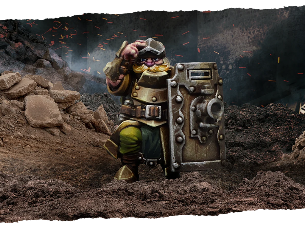 Cartoon dwarf warrior in armor raises his hand behind a large riveted shield in a rocky battle pit with sparks around him