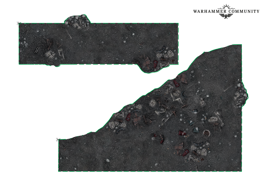 image Frontline Gaming Two dark rubble terrain pieces with scattered wreckage outlined in green Warhammer Community watermark at top right