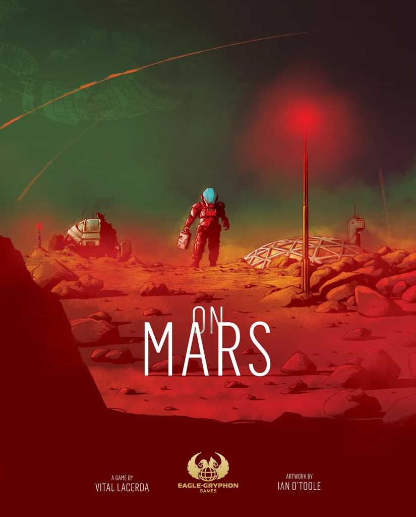 Mars exploration poster a suited astronaut traverses a red desert with domes and the title ON MARS in white letters
