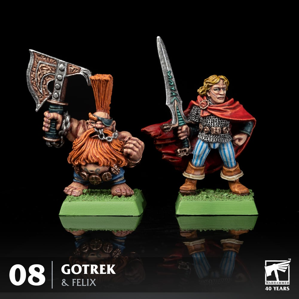 image Frontline Gaming Two painted dwarf miniatures from Warhammer Gotrek and Felix standing on green bases with weapons against a black background