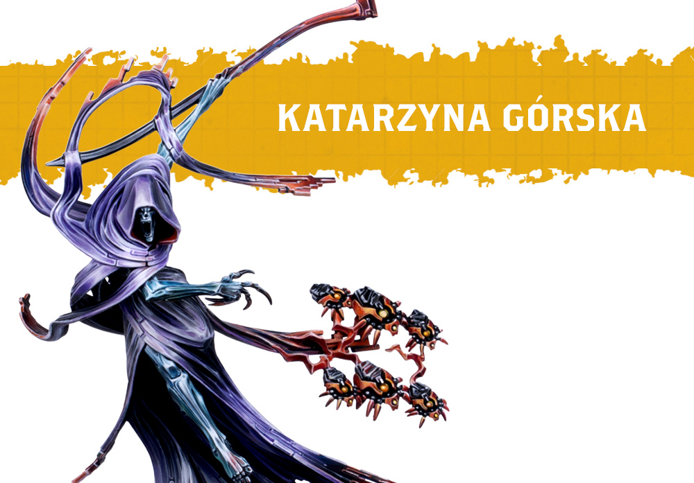 image Frontline Gaming Fantasy author banner showing a purple hooded figure with a chained scythe against a yellow torn paper header reading KATARZYNA GÓRSKA