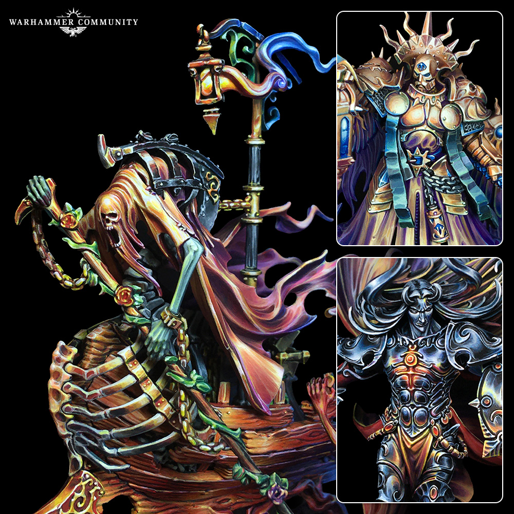 image Frontline Gaming Undead pirates and knights in vivid Warhammer art a skeletal pirate on a broken ship with two inset portraits of armored skeleton warriors on black background