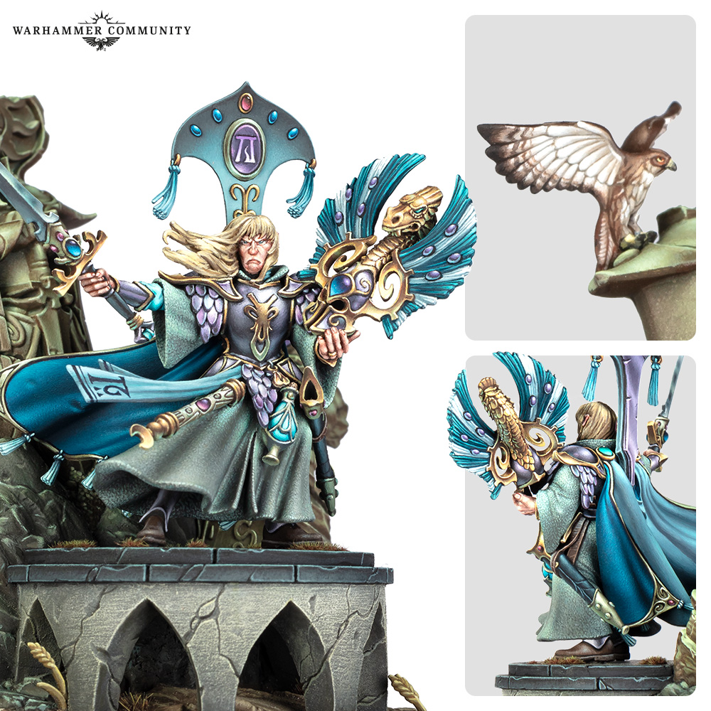 image Frontline Gaming Warhammer miniature of an armored sorcerer on a stone pedestal with a blue cape and ornate staff logo visible top left