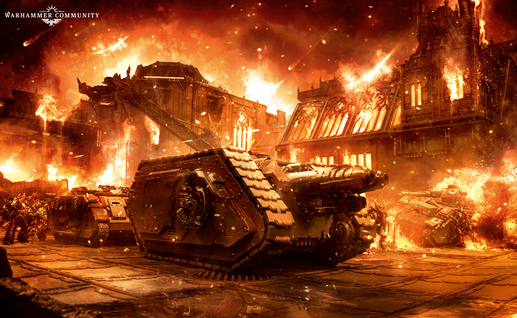 image Frontline Gaming Massive war scene with armored tanks advancing through a fiery cityscape and burning Gothic buildings in the background