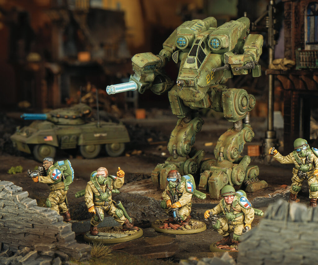 image Frontline Gaming Miniature military diorama with a large green combat mecha towering over five soldiers and a tank in a ruined urban setting