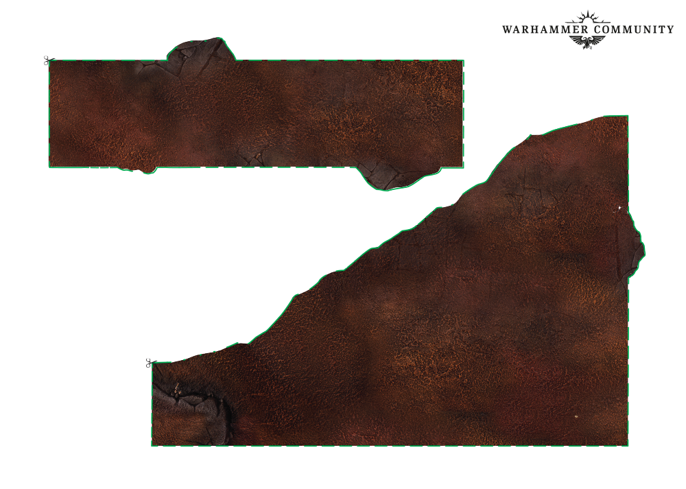 image Frontline Gaming Two irregular brown leather textured terrain pieces outlined in green on a black background used as tabletop game terrain