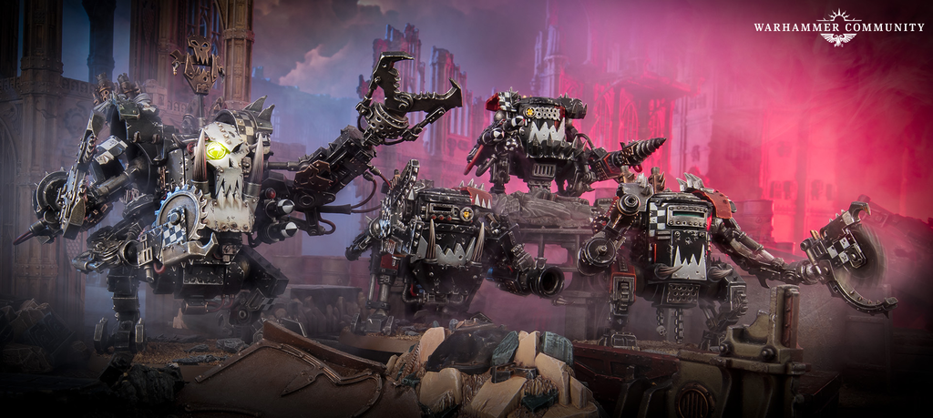 Heavily armored battle machines clash in a ruined city pink smoke swirls in the background Warhammer Community logo in the top right