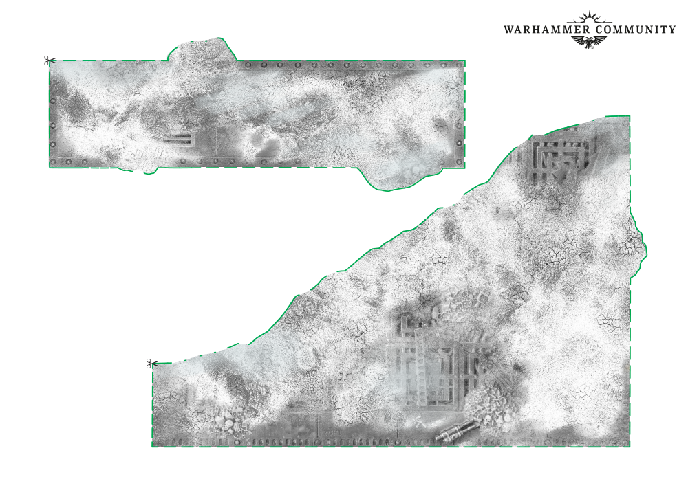 image Frontline Gaming Two weathered battlefield terrain pieces a riveted rectangular plate at top left and a large jagged slab at the bottom right on cracked dusty ground