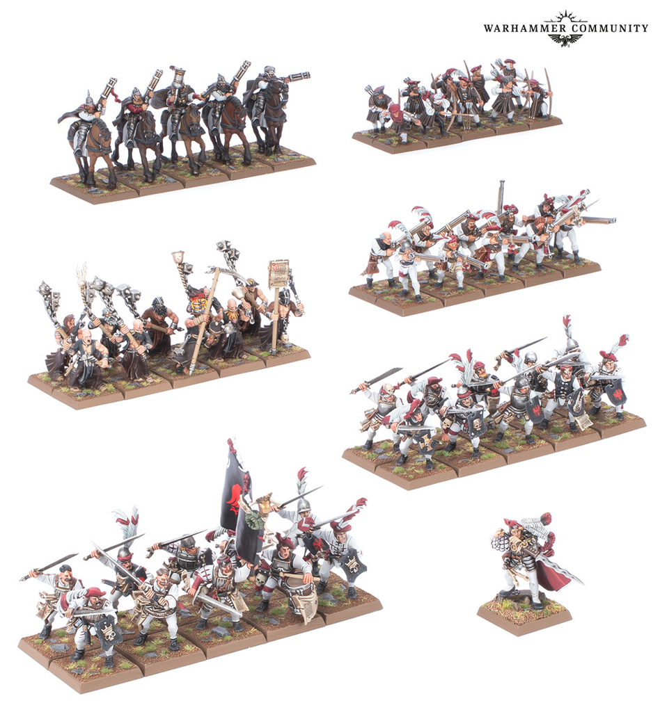 Warhammer fantasy miniatures multiple armed infantry squads and cavalry on rectangular bases arranged across a white background with a lone armored officer