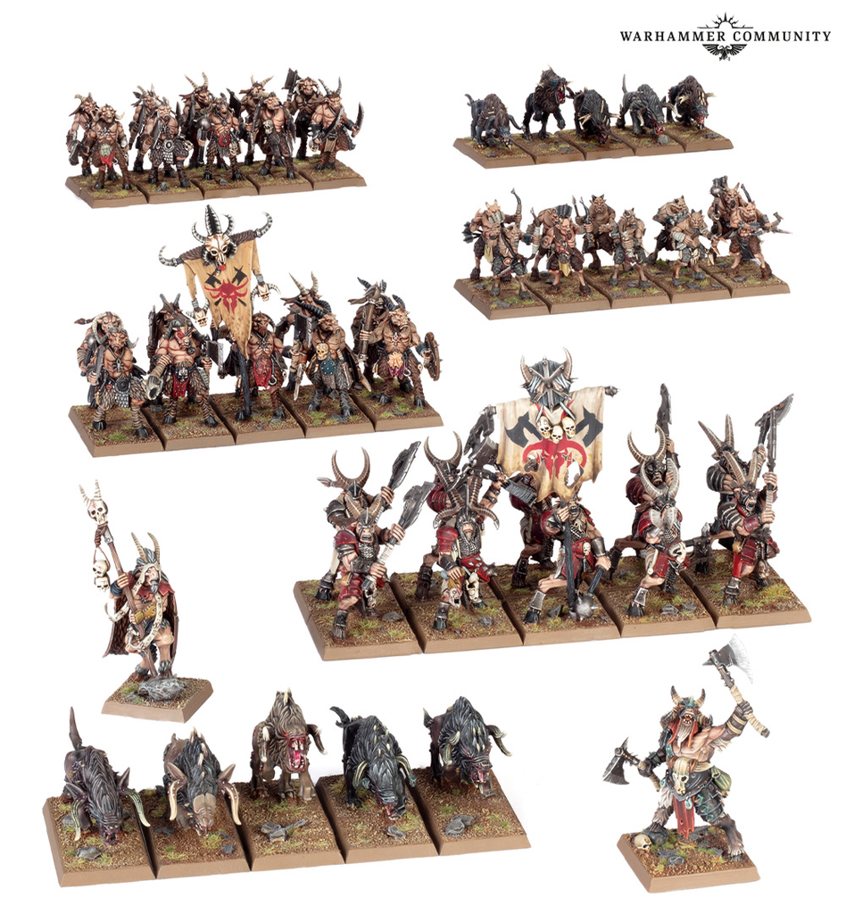 Collection of Warhammer miniatures horned chaos warriors with banners shields and ornate armor arranged on rectangular bases