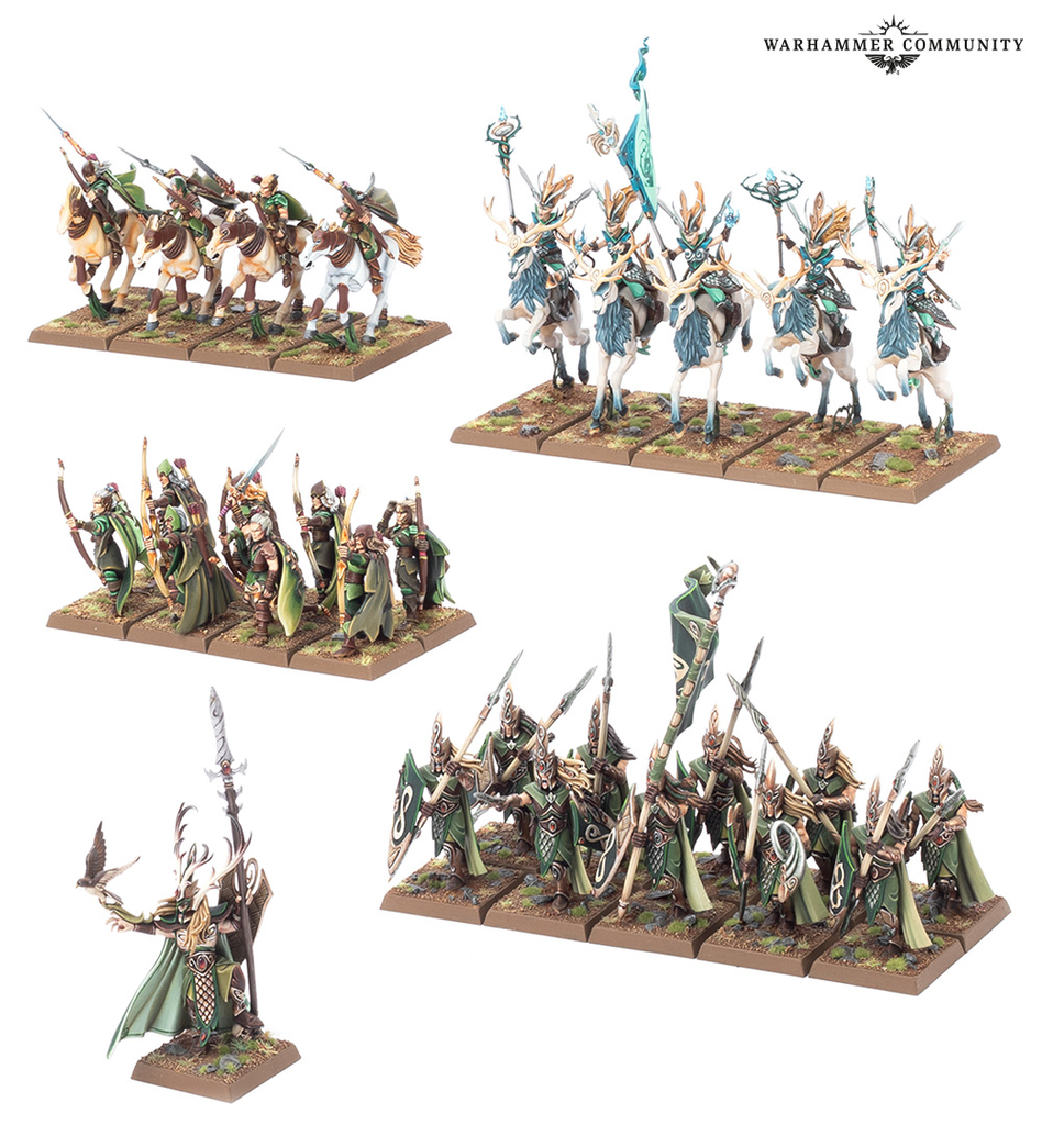 Collection of Warhammer fantasy miniatures on square bases green clad infantry blue green cavalry and green robed units posed on a white background