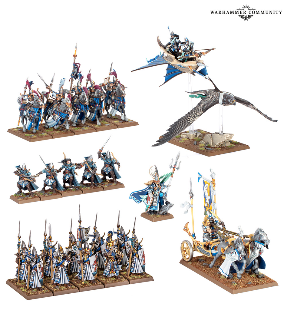 Group of Warhammer fantasy miniatures blue armored infantry a dragon rider above a flying dragon a chariot with riders and foot soldiers on bases