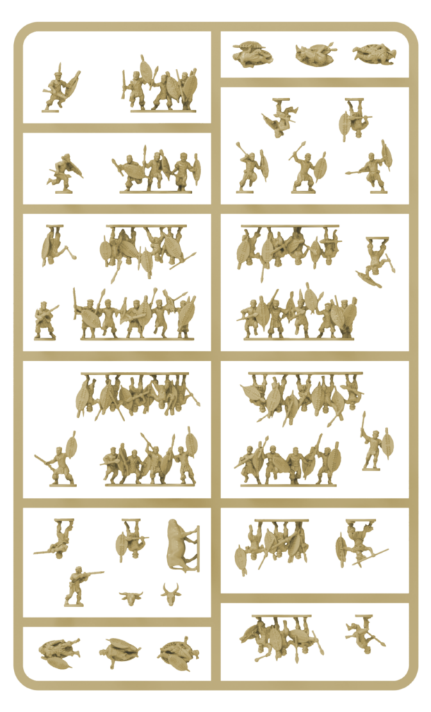 image Frontline Gaming Gold plastic toy soldiers arranged in multiple compartments within a display tray