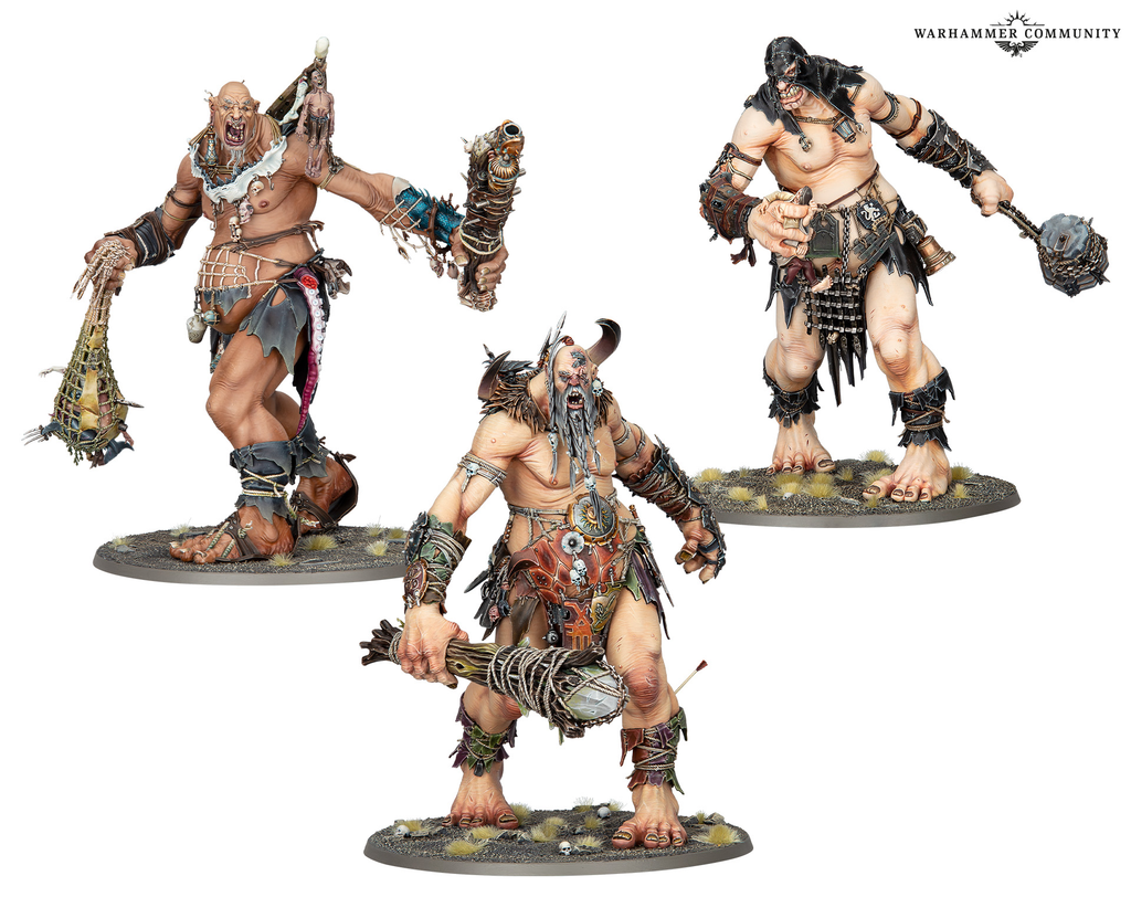 Three brutal fantasy orc warlords posed on round bases wielding spiked clubs and bone adorned weapons with rugged armor