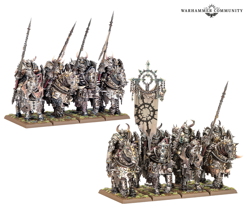 image Frontline Gaming Group of heavily armored Warhammer miniatures with long spears standing on grassy bases in two formation groups one with a tall banner