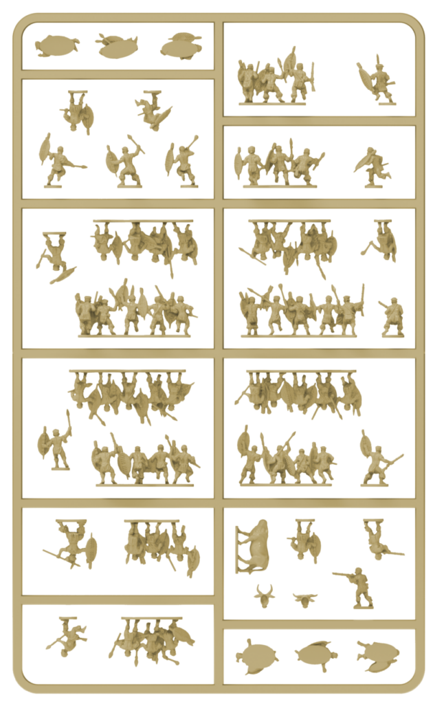 image Frontline Gaming Gold colored display tray filled with hundreds of miniature soldiers in various battle poses and formations